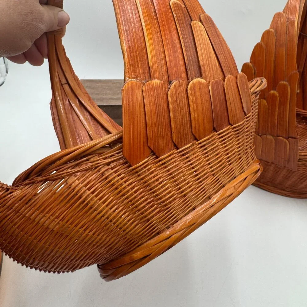 Goose or Swan Duck Nesting Baskets 1970s Mid Century Woven Wicker Rattan & Bambo